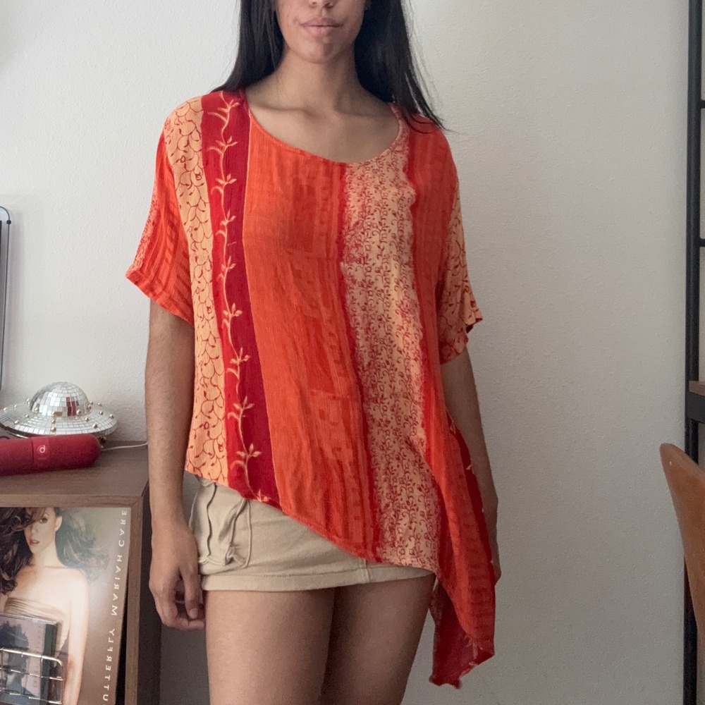 Boho Asymmetrical Sharkbite Tunic Top Orange Red Floral Beaded Tassel One Size - Picture 1 of 9